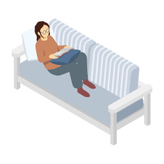 アイソメトリックイラスト：ソファで本を読む女性