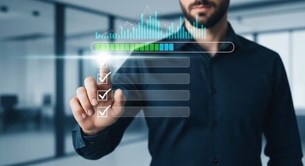 Man interacting with digital interface showing progress bar, checklist, and graphs. Implies success, tasks completed, goals achieved. Modern, business concept.