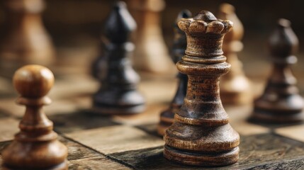 Close-up chess pieces on a wooden board