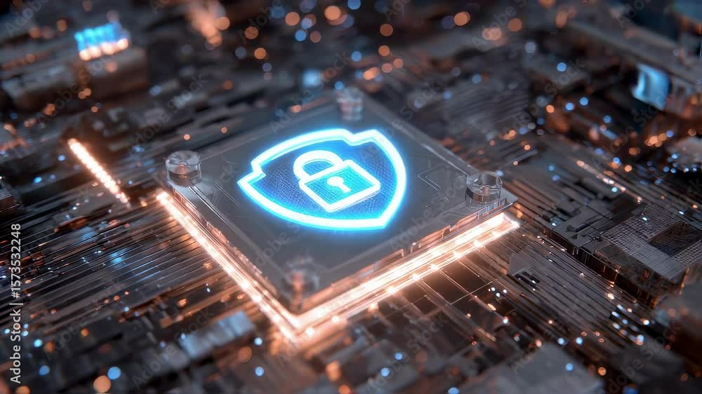 Poster dynamic 3d visualization of a glowing microchip featuring a rotating cybersecurity lock and shield i