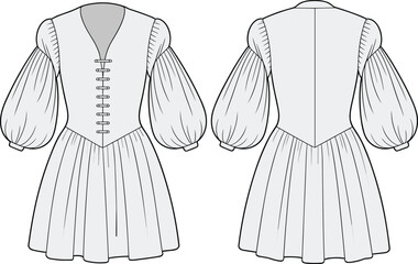 Obraz premium Historical Style Dress CAD Drawing Flat Vector Illustration with Voluminous Sleeves and Decorative Front Closure for Fashion Design