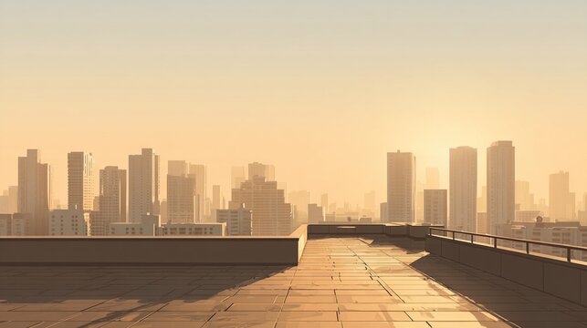 Hazy sunrise over a cityscape viewed from a rooftop patio with a low wall and paved surface. Warm, muted tones dominate the scene - Powered by Adobe