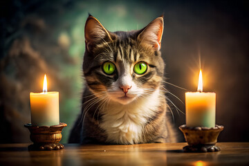 Zombie Cat With Glowing Green Eyes Sitting By A Candle