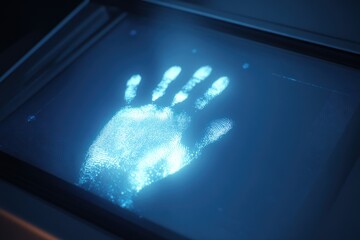 Digital handprint scan on a glowing screen