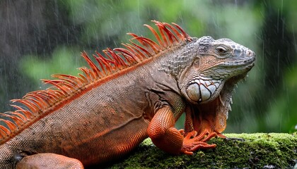 Naklejka premium vibrant red iguana in rainforest rain detailed scales mossy rock
