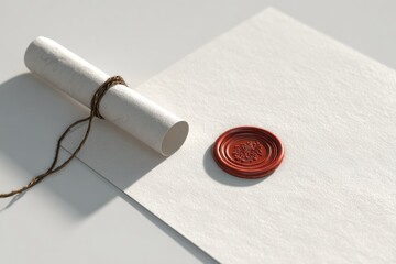 Rolled parchment, red wax seal on blank paper