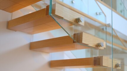 Modern wooden stairs with glass railing
