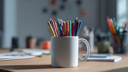 Colorful pencils in a white mug on a desk