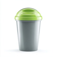 A sleek, modern gray container with a vibrant green lid, ideal for use in promotional materials related to sustainability, waste management, or recycling campaigns, Perfect for environmental themes,