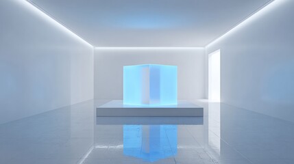 Empty white room, glowing blue cube