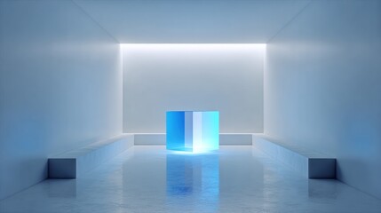 Empty room, blue glass cube