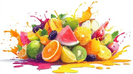 Colorful fruit pile with vibrant splashes