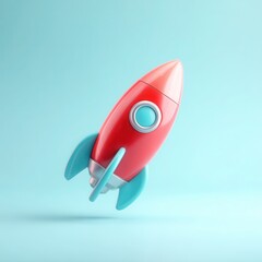 A vibrant toy rocket in mid-air against a soft blue backdrop, perfect for children's product marketing, educational content, or creative projects celebrating imagination and exploration,
