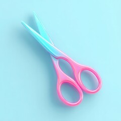 A pair of colorful, glossy scissors sits against a soft blue background, making it ideal for concepts related to creativity, crafting, or education, Perfect for articles, blogs