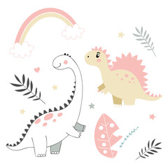 Whimsical scene with cute dinosaurs, rainbow, and pastel foliage