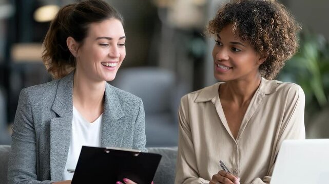 A female mentor is seen providing oneonone coaching to her intern in a quiet corner of the office. She holds a clipboard filled with feedback forms as she guides the intern through