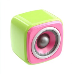 Vibrant square speaker in green and pink shades, ideal for music-related projects, ads, or merchandise focusing on modern design and youth culture,