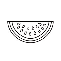 Simple vector black and white line art of a watermelon slice with seeds. For summer, fruit, food, card, print, vacation, coloring page and fresh-themed design projects. Hand drawn.