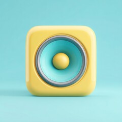 A vibrant yellow speaker with a blue inner circle stands out against a soft turquoise background, making it ideal for music-related projects, advertising, or playful designs,