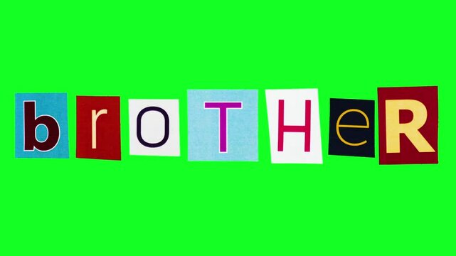 Brother title compiled from rectangle colorful pieces of paper with printed letters moving on alpha channel. Loop stop motion of the isolated word meaning male family member ready for making logo