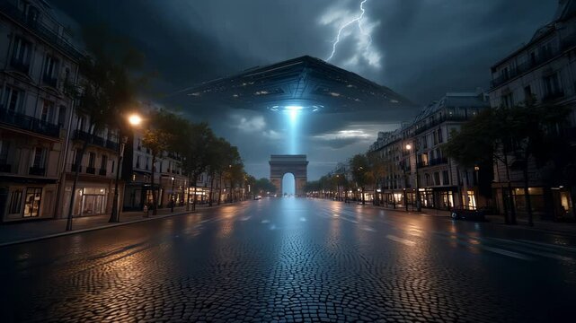 A mysterious UFO hovered over the iconic Paris Arc de Triomphe at night