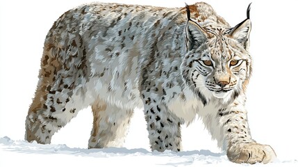 A majestic lynx, its tawny and white fur speckled with dark spots, walks across a thin layer of snow, its gaze focused intently forward.  Its large ears and powerful paws are clearly visible