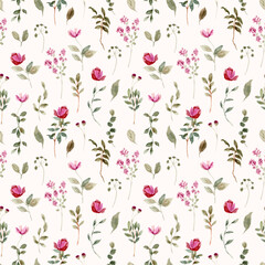 romantic pink wildflower watercolor seamless pattern