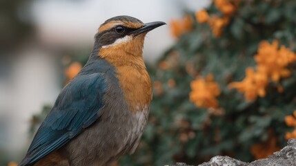 Naklejka premium Rufous-gorgeted Flycatcher perched amidst vibrant orange flowering foliage