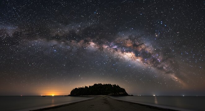 Milky Way Galaxy Arches Over Tropical Island Silhouette and Star Reflections