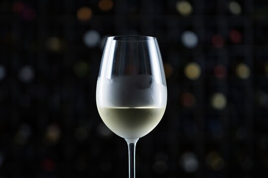 A glass of chilled white wine stands before a blurred background of wine bottles in a dark cellar.