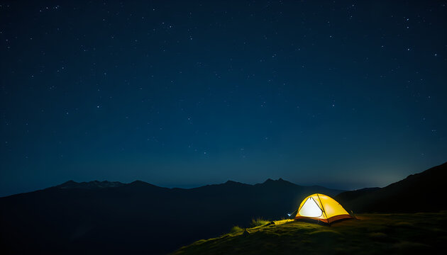 Nighttime mountain view featuring illuminated tent under starry sky with long exposure effect.