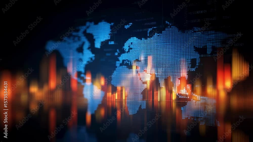 Poster an engaging digital representation of the world map illuminated by market indicators and graphs set 