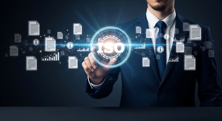 A man in a suit interacts with a glowing ISO symbol surrounded by documents and graphs, suggesting standards, compliance, or certification.