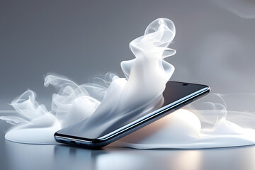 Black smartphone with floating smoke effect 

