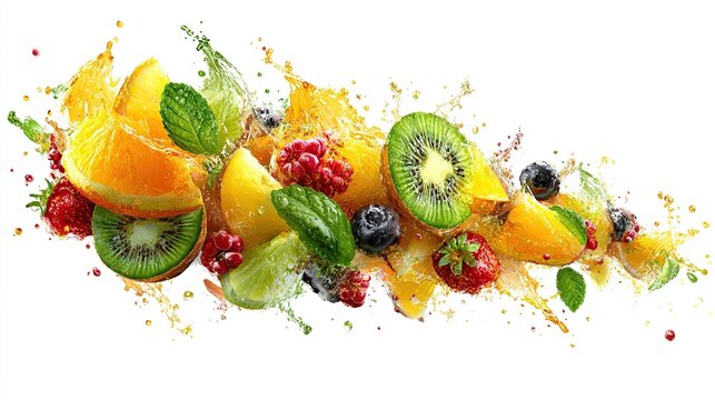 Colorful fruit slices and berries in mid-air, juice splashes
