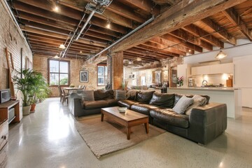 Open-plan loft with exposed beams, leather couch, and concrete floor