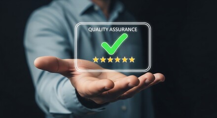 Man presenting a Quality Assurance graphic with a check mark and five stars on his open palm. Represents quality, approval, or satisfaction.