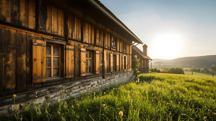 Rustic wooden houses bask in golden sunset light, nestled in a verdant hillside meadow.