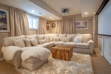 Cozy beige family room with plush seating, rug, and projector