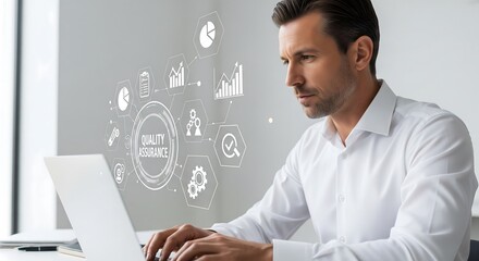 Man working on laptop. Quality assurance graphic overlays image. Focus on analysis, charts, and data. Business professional at work, using technology.