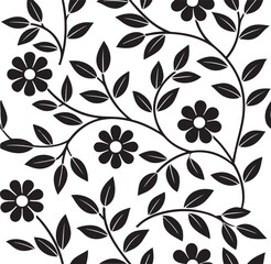 Elegant black and white floral pattern seamless design with decorative leaves and flowers