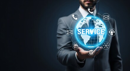 Man in suit holding globe with Service text, surrounded by communication icons. Implies global customer support and connectivity.