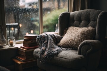 Cozy armchair by window on rainy day
