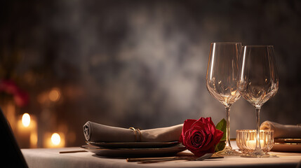 Romantic dinner table with rose and wine glasses in soft candlelight