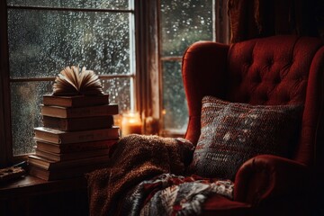 Cozy armchair by window, rainy day