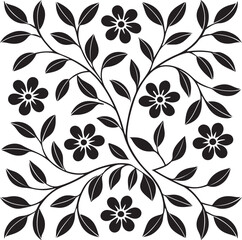 Elegant black and white floral pattern with leaves and decorative blossoms on white background