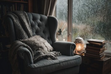 Cozy armchair by window on rainy day (1)