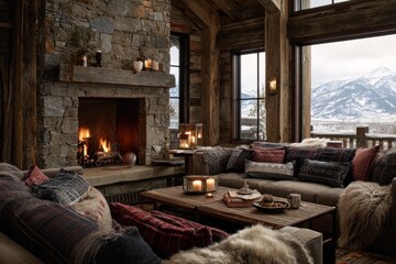 Rustic mountain lodge living room with fireplace and mountain view