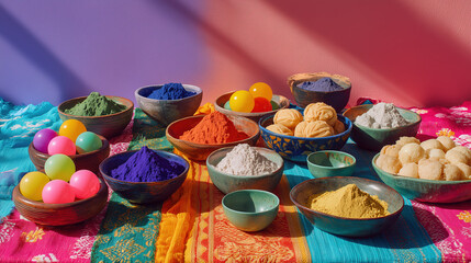 Colorful Holi powders and traditional Indian sweets on vibrant fabric