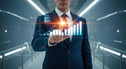 Businessman interacting with a holographic chart showing growth. Modern, technological, and business-oriented visual.